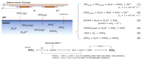 플라즈마내 활성 질소종과 물분자와의 반응에 따른 아질산 이온 생성 기작