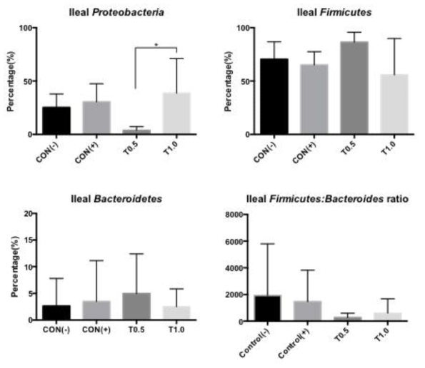 동애등에 유충 유지를 첨가급여한 돼지의 회장 내용물 중 Proteobacteria, Bacteroidetes 분포 및 Firmicutes:Bacteroidetes 비율의 변화