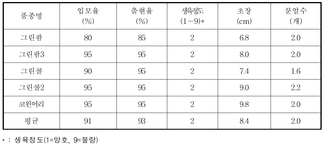 간척지 이용 종자생산포장 IRG 생육특성(파종후 40일, 11월25일)