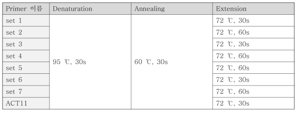 PCR 분석을 위한 ITPK3 유전자 및 ACT11 유전자 증폭 조건