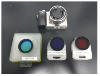 일반 디지털 카메라에서 적외선 필터(UV CUT-OFF)를 제거 후 Dual band pass와 Long band pass 필터를 설치하여 싱글 렌즈 NDVI 카메라로 개조