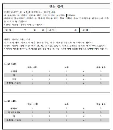 나토키나제 함유 bead-gel 및 bead-capsule의 관능검사표