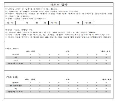 나토키나제 함유 bead-gel 및 bead-capsule의 소비자 기호도 검사표