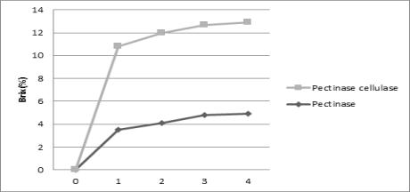 두가지 펙티네이즈 1% 농도 효소별 시간에 따른 Brix 함량 차이
