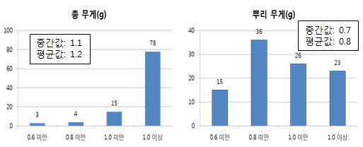 파종 후 3개월 경과 묘삼 무게 분포