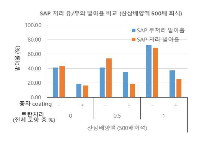 CRMG 500배 희석액 시비 SAP 무처리구, 처리구 발아율 비슷