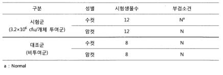 급성경구독성/병원성 시험기간 중 시험생물 치사 및 중독증상