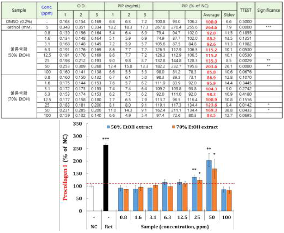 HDF 세포에서 procollagen type I 생성량