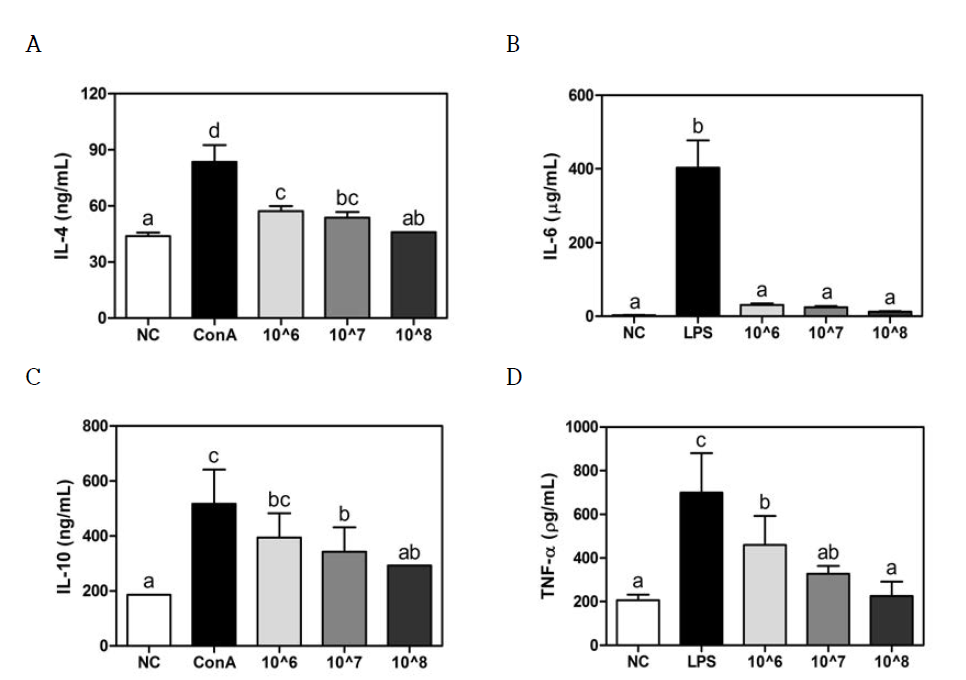 Effects of Bifidobacterium longum KACC 91563 on Th2 type cytokine (IL-4, IL-6, IL-10 and TNF-α) production from splenocytes in Balb/c mice
