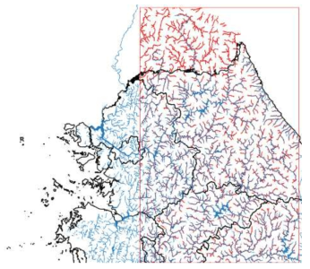 WAMIS 하천(파란색)과 하천망격자(붉은색) 오버랩