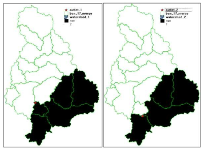 유출구 포인트를 다르게 하여 각각 생성한 Watershed