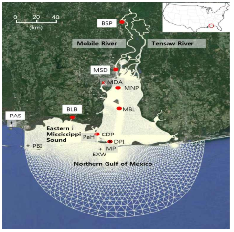 Map of Mobile Bay, Alabama, with the model grid. The seven red dots denote the tide stations, and two cross signs (‘x’) are wind stations in Mobile Bay. Three ‘+’ signs show the reference tide stations for the tidal boundary construction