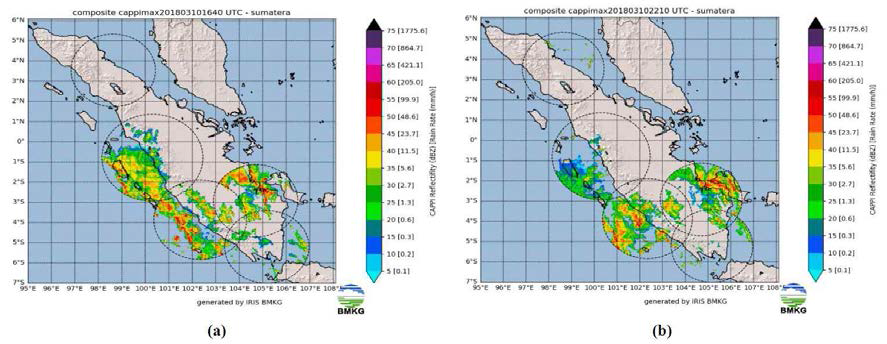 The column maximum CAPPI reflectivity product (CAPPIMAX) of IIRIS BMKG over Sumatra Island with black dash-line circles are coverage area of weather radar in Medan, Padang, Bengkulu, Palembang, and Lampung on (a) March 10, 2018 at 23:40 LT and (b) March 11, 2018 at 05.10 LT