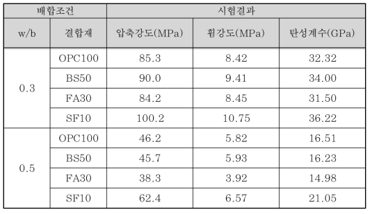 결합재 종류와 혼입률에 따른 역학적 특성 시험결과