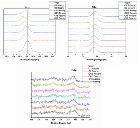철함유 제올라이트의 인 흡·탈착에 따른 XPS 분석 결과(Na, Al, Fe)