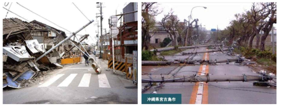 일본 전주 파손사례(좌:지진에 의한 파손, 우:태풍에 의한 파손)