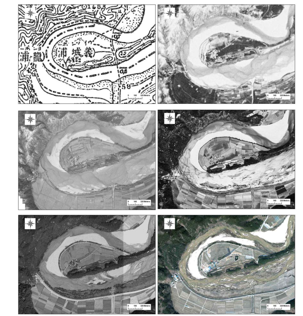 내성천 회룡포 부근 고지도 및 항공사진(1915, 1965, 1979, 1991, 2005, 2016)