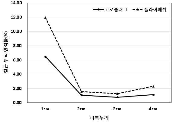 염분함유량 0.04% 시험체의 철근부식 면적률(해안지역)