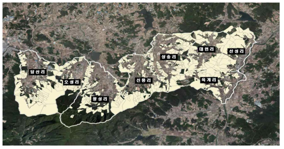 오서산 선도경영단지 조성사업 위치 및 해당 마을 (자료: 산림조합중앙회, 오서산 선도산림경영단지 조성사업 기본계획 및 산림경영계획 수립, 홍성군, 2015)