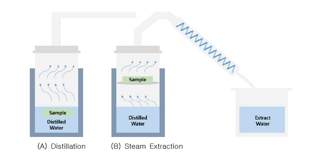 스팀 추출과 증류 추출의 공정 모식도