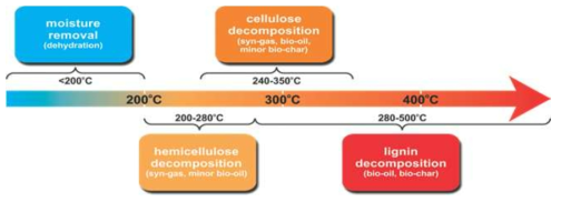 처리온도와 목재의 수분 및 구성성분의 열분해 관계