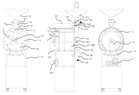 Coffee Roaster의 정면도, 측면도, 후면도