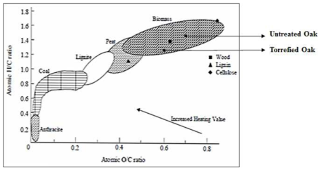 졸참나무 조건의 Van Krevelen diagram 적용 결과