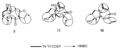 아출로부터 분리정제된 화합물들8, 13, 16의 COSY 및 HMBC correlations