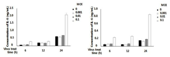 3D4/31 세포에서 PRRSV 감염 농도에 따른 염증성 사이토카인 농도변화