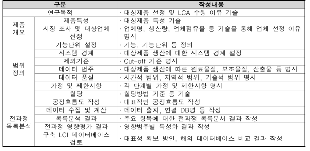 국가 LCI DB 구축 보고서 목차 및 작성내용