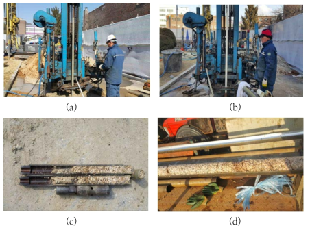 Test bed 관측공 시공사진 ((a) NX- 시추작업, (b) PVC casing 설치작업, (c) 풍화암 core 사진, (d) 파쇄대 core 사진)