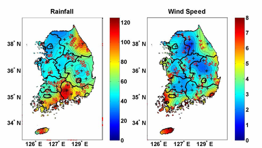태풍내습시 강우분포 및 바람분포