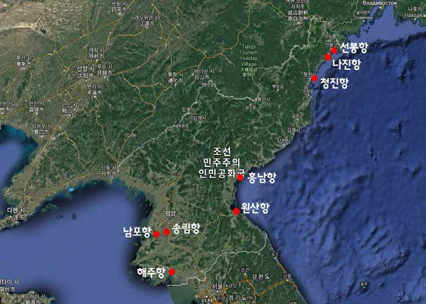 북한의 8대 주요 항만 위치도