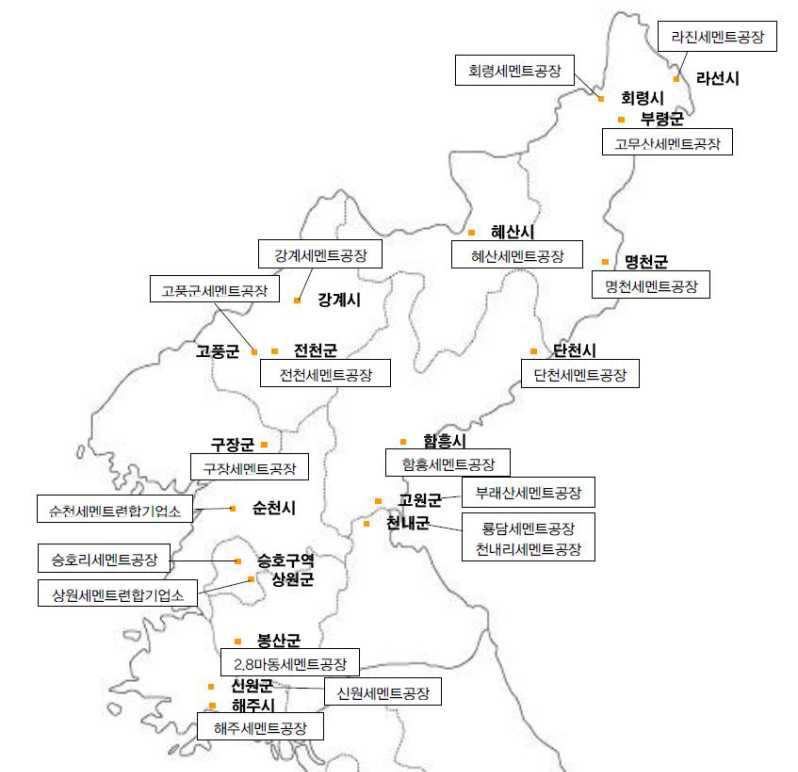 북한의 주요시멘트 공장 위치도 (출처: 현대경제연구원, 북한의 생활인프라 개선을 위한 관련산업 육성 및 제도화 방안 연구, 2014.12)