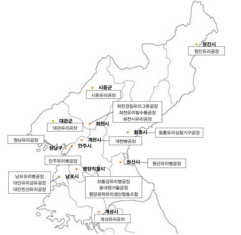 북한의 유리공장 위치도 (출처: 현대경제연구원, 북한의 생활인프라 개선을 위한 관련산업 육성 및 제도화 방안 연구, 2014.12)
