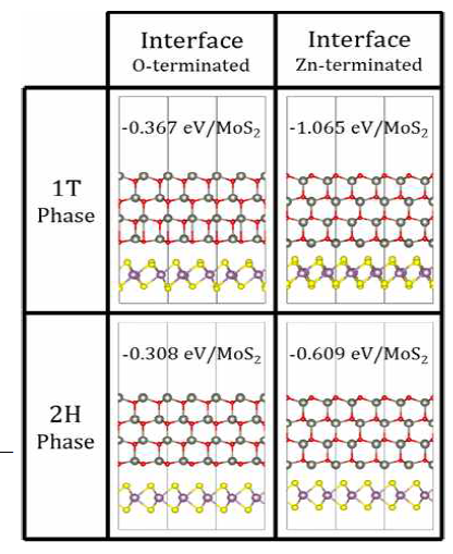 1T상과 2H상의 MoS2 위에 두가지 종류의 termination의 ZnO를 올려서 계산한 구조와 결합에너지