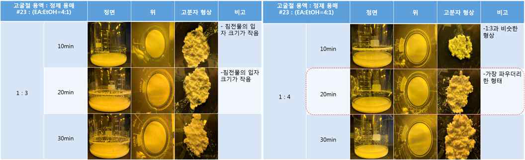 고굴절 고분자 정제 조건에 따른 실험 사진