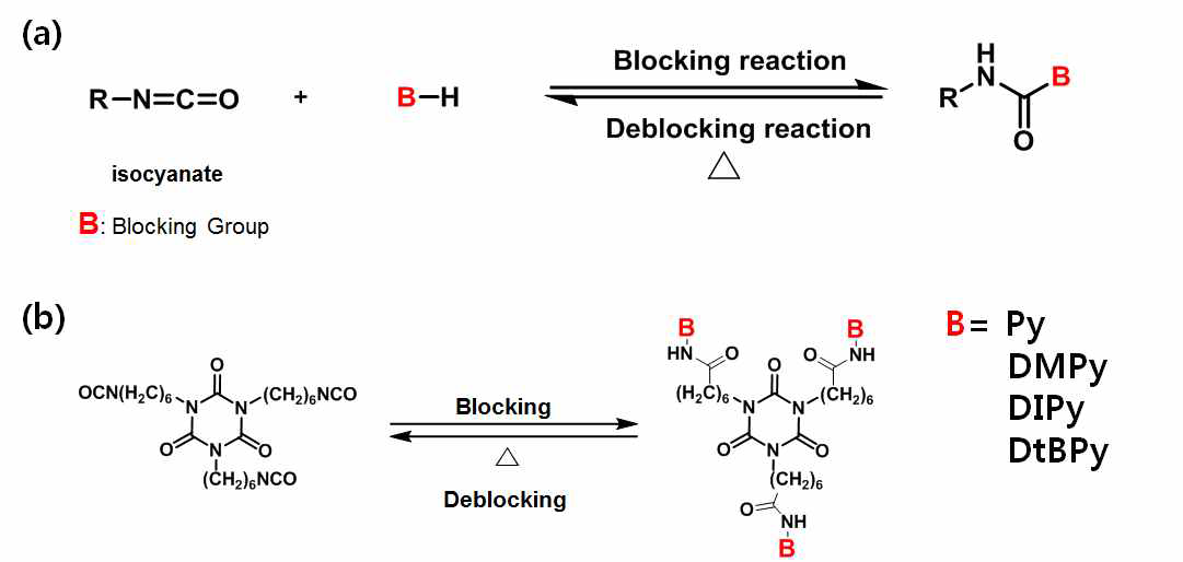(a) 블록이소시아네이트(Blocked Isocyanate) 개념 및 (b) 경화반응제어형 소재 합성