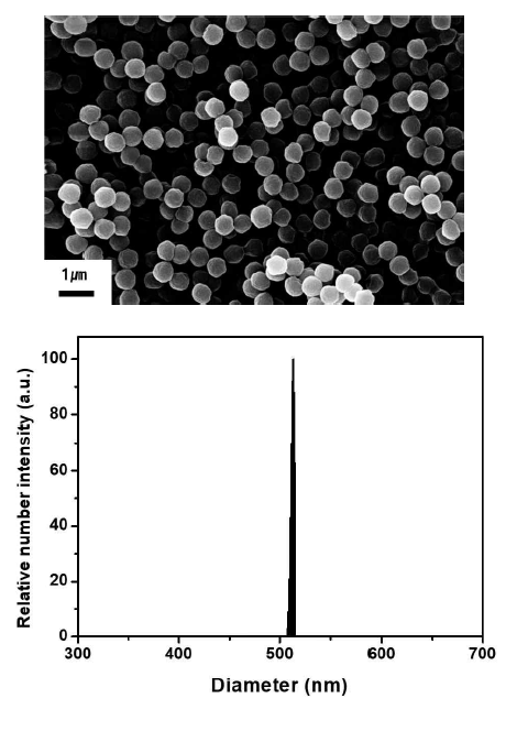 Poly(methyl methacrylate) 입자의 DLS data(좌), SEM 이미지(우)