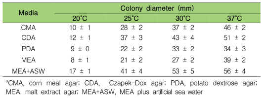 배지종류와 배양온도에 따른 A. montenegroi의 균총 크기 비교