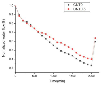 생물학적 막오염에 의한 f-CNT 복합 분리막의 표준화된 수투과 거동