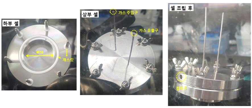 8 cm2 급 대용량 리튬-공기 전지 하부 셀(왼쪽), 상부 셀 (가운데), 셀 조립 후 (오른쪽) 사진