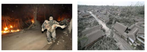 Merapi 폭발 시 인명구조와 화산재로 덮인 Muntilan의 마을