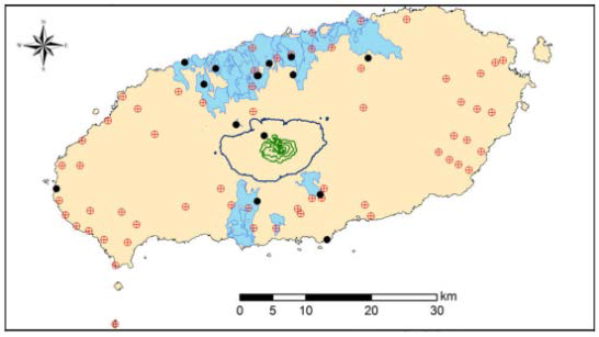 퇴적이후 화산활동기의 용암류 분포(0.3~0.1 Ma)(고기원 외, 2013). 등고선-초록색: 해발고도 1,500 m 이상, 파란색: 해발고도 600 m; 기호–적색: 시추자료, 검정색: 노두 시료; 파란색 부분: 지표에 노출된 지역