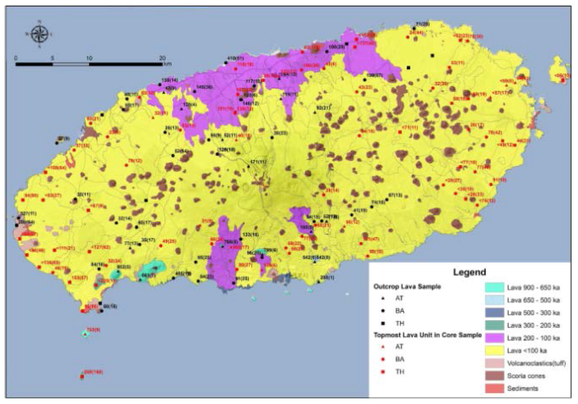 제주도 표면의 화산암 분포도(고기원 외, 2013). 숫자 : 40Ar-39Ar age (ka (2 SD)) ; AT : 현무암질 조면안산암, 조면안산암, 조면암, BA : 조면현무암, 알칼리현무암, 전이형 현무암, TH : 쏠레아이트질 현무암, 쏠레아이트질 안산암