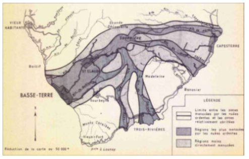 소프리에르 화산에 대한 화쇄류 재해위험도(Barrabe, 1960)