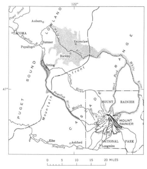 워싱턴 서부의 레이니어 산 일대에 대한 라하르 범위 지도. 약 5천 년 정도 된 오세올라(Osceola) 라하르의 범위는 큰 점으로 표현되어 있다. 약 500년 정도 된 엘렉트론(Electron) 라하르의 범위는 작은 점으료 표시되어 있다. 오세올라 라하르에 의해 둘러싸인 빙하 퇴적물과 기반암의 언덕들은 표시되지 않았다. (Crandell and Mullineaux, 1967)