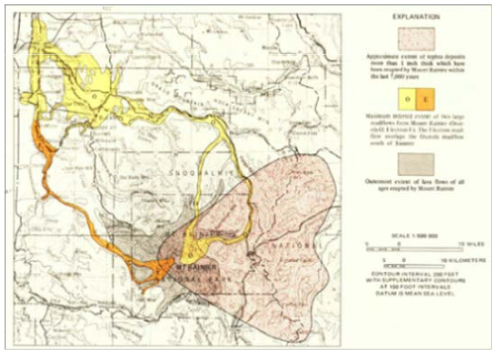 레이니어 산에서 발생한 용암류, 오세올라 및 일렉트론 라하르, 강하 화산재의 확산 범위를 나타낸 재해도(Crandell, 1973)