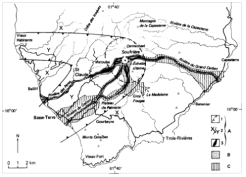 과달루페 소프리에르 화산에서 미래에 발생가능한 수증기 분화에 대한 잠재적 위험을 보여주는 구역도(Westercamp, 1981)