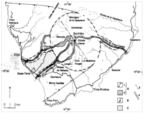 과달루페 소프리에르 화산에서 미래에 발생가능한 마그마성 분화에 대한 잠재적 위험을 보여주는 구역도(Westercamp, 1981)